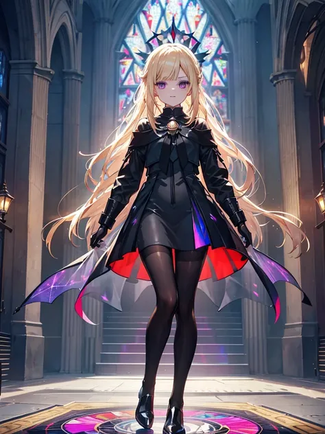 The background is a sunset sunset 、 medieval cityscape with basket、Inside the kaleidoscope、 Stained Glass Background 、Legendary Scenery 、 Mythical Scenery Unfolds、The cathedral shines brightly、red and green contrast 、Path of Light、 Edelgard in black armor,...