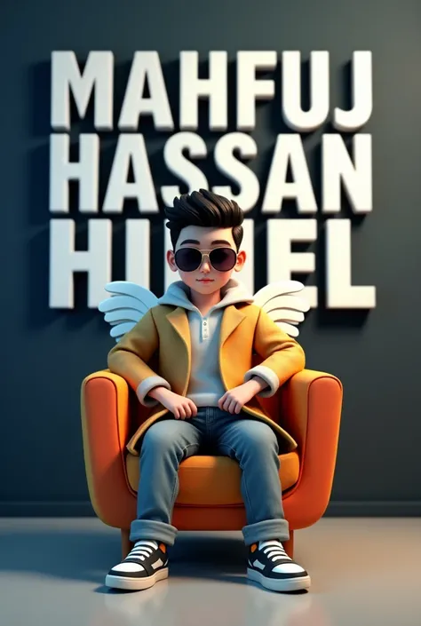 Create a 3D illusion for a Imo & Whatsapp profile picture where a boy in a coat tri sits casually on a colourful  Chair. Wearing shoe and sunglasses, he looks ahead. The background features "MAHFUJ HASSAN HIMEL" in big and capital white fonts on the black ...