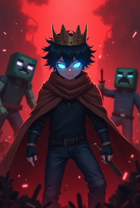 A Anime boy 20 year boy A minecraft skin with l
Crown-- Gloves ------ glowing blue Eyes Minecraft Background . in background one side creeper and another side zombie and one F latter in background and dress is hairy-boy-skin dress color is brown t shirt fu...