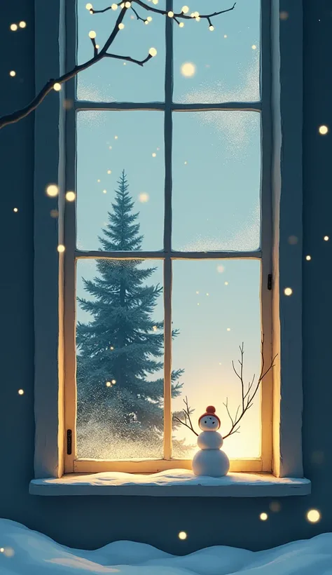 minimalist silhouette of a Christmas tree and snowman visible through a frosted window. Soft, warm light glows from inside the house, contrasting beautifully with the cold, snowy outdoors.

