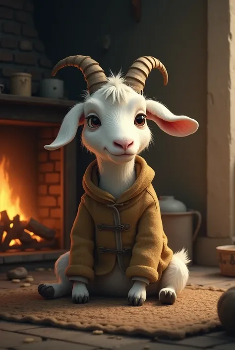  A white goat , wearing a brown shirt ,  Sad face with hunger ,  sitting in the house by the fireplace, in cold weather