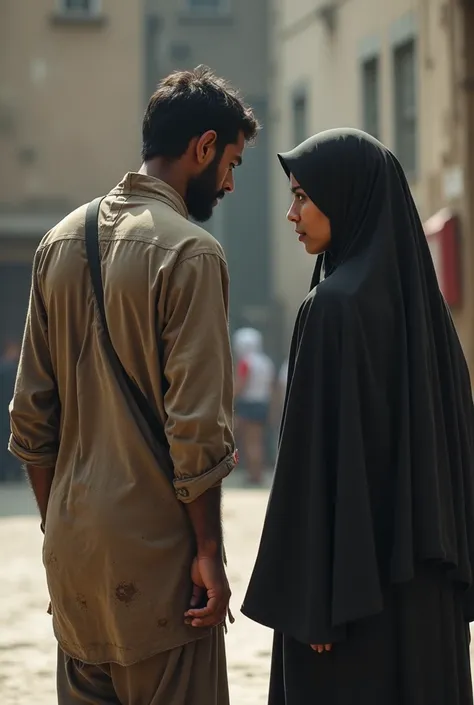 Create picture of the back of a poorest Muslim guy trying to talk to a hijabi Muslim woman but that woman refuse him show their back  dont show their faces