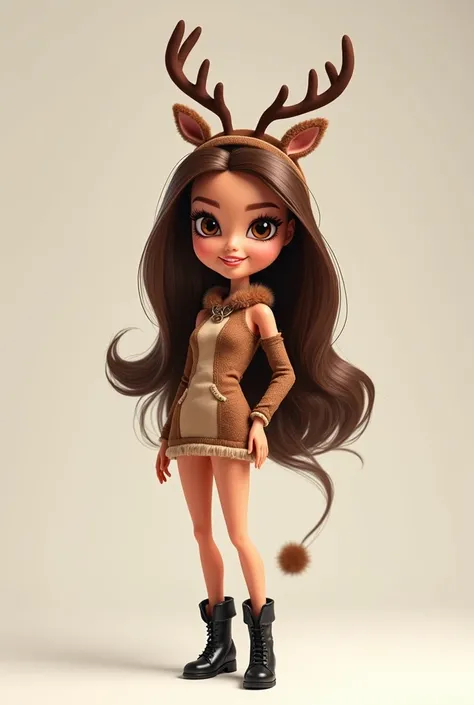 Generate a Caricature-like image of an adult brown-haired Barbie with honey-colored eyes in a brown reindeer costume ,with a reindeer tail and a headband of reindeer horns on her head and black booties ,Barbie adult woman,Barbie slim body