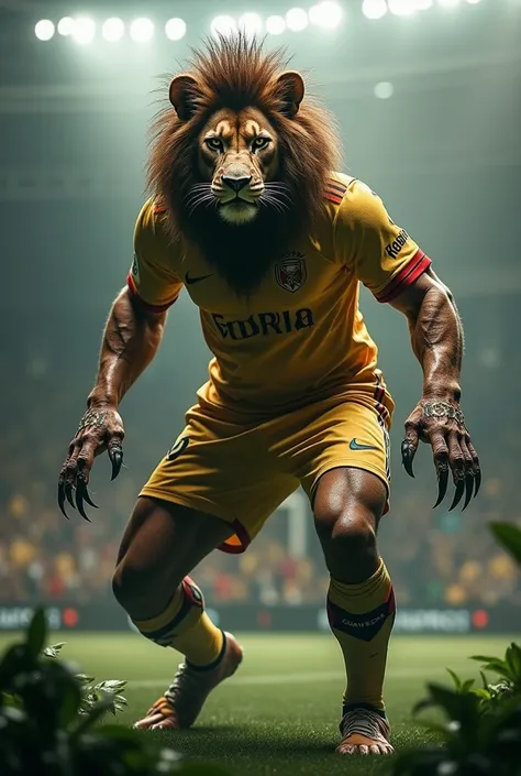 "Create a hybrid entity combining Cristiano Ronaldo and a dangerous animal, such as a lion. The character should have Ronaldo’s athletic build and hairstyle, combined with the lion’s ferocious mane, sharp claws, and piercing eyes. His outfit should blend a...