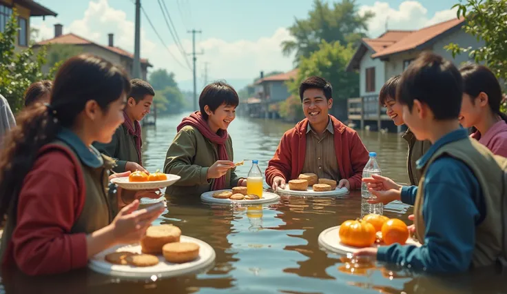 flooding area,kindness, give food and drink