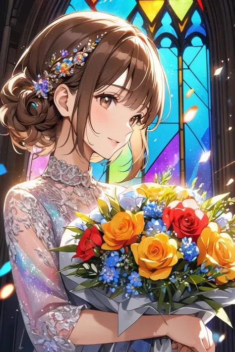 Brown Hair,  glitter effect,   stained glass、Holding a colorful bouquet