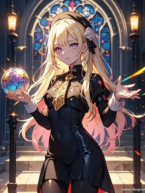 The background is a sunset sunset 、 medieval cityscape with basket、Inside the kaleidoscope、 Stained Glass Background 、Legendary Scenery 、 Mythical Scenery Unfolds、The cathedral shines brightly、red and green contrast 、Path of Light、 Edelgard in black armor,...