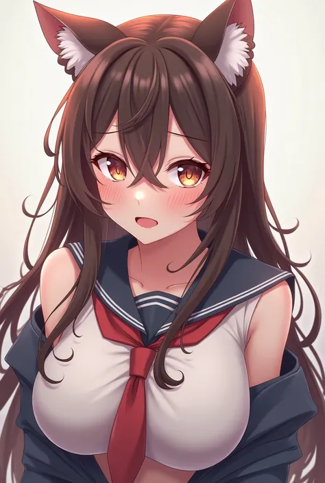  1 girl,  long hair, chest, Cat ears,  blush,  open her mouth , uniform、chestたくし上げ、Nipples round 、Eroticly

illustration, 