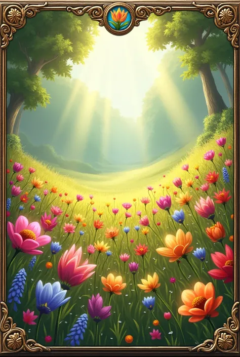 "Create an artistic fantasy image of a peaceful, vibrant field full of colorful flowers, with gentle breezes moving through the grass. The flowers should be bright and varied, creating a serene and flourishing atmosphere. The background should feature a su...