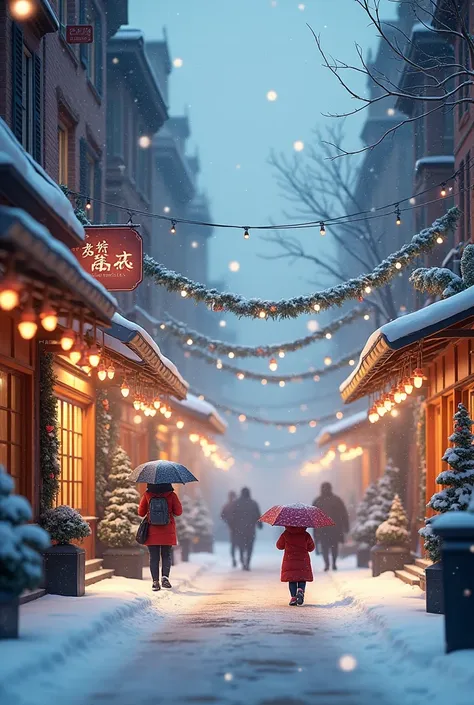 Establishing wide shot: A snow-covered city street in December, with snowflakes gently falling from the sky. The background features warmly lit storefronts and holiday decorations. Cinematic lighting highlights the snowy atmosphere, with a soft, diffused g...