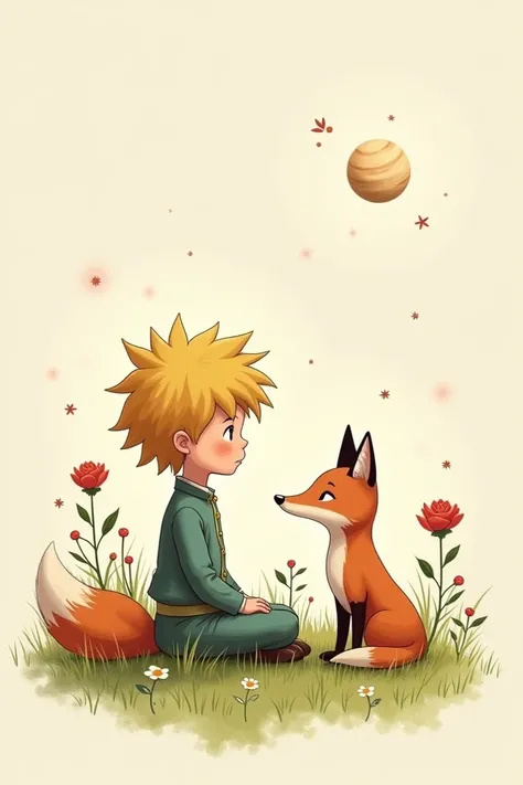 Tattoo design of the little prince sitting in the grass with the fox at his side looking at his planet and his rose 