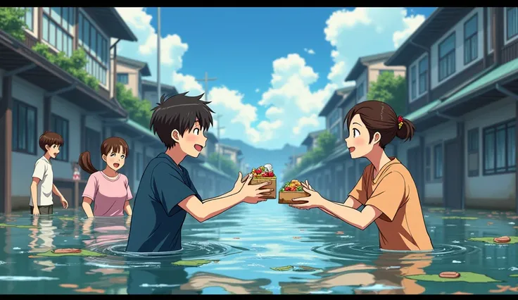 flooding area,kindness, give food and drink,anime