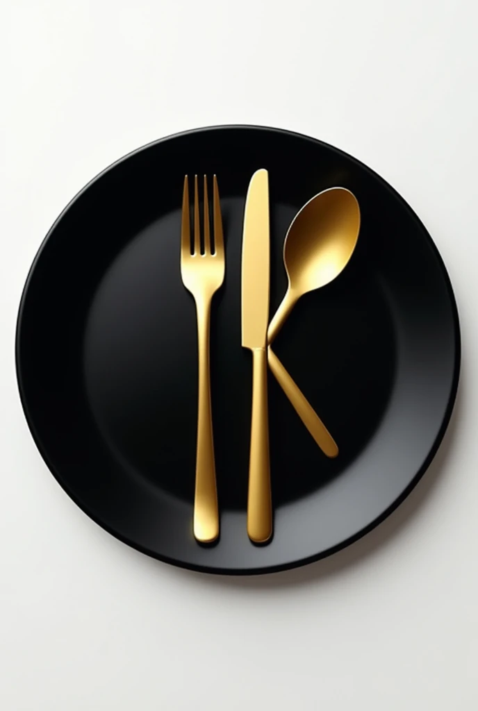 Form the letter k with a golden fork and spoon and knife on a shiny black plate