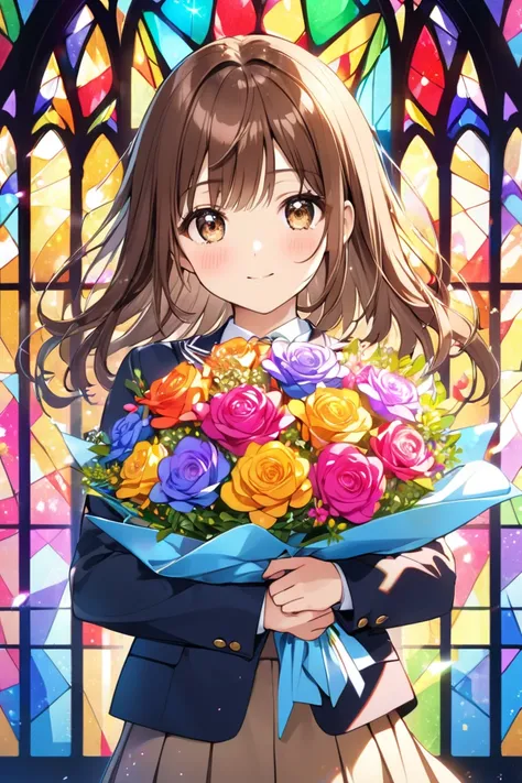 Brown Hair,  glitter effect,   stained glass、Holding a colorful bouquet、 school uniform