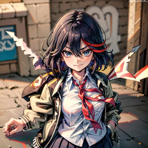 beautiful, masterpiece, best quality, extremely detailed face,  perfect lighting, 1girl, solo,  matoi ryuuko,blue skirt, hands in pockets, jacket, letterman jacket, looking at viewer, neck ribbon, open jacket, pleated skirt, red ribbon, ribbon, shirt,skirt...