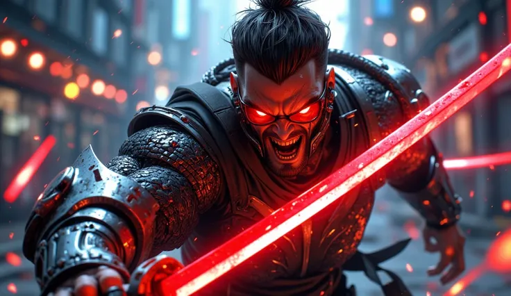 a masculine man with side shaved hair and wearing digital red glasses and cyberweres and armors, he fights in 3D motion perspective view, he is in rage and anger and shouts, he is in a spatial depth of field fighting stance holding a red cyber katana in he...