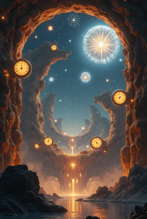 there are many clocks on the wall with fireworks in the background, concept art by Alexander Kucharsky, cgsociety contest winner, retrofuturism, infinite space clock background, crystalized time warps, astral clockwork, inter dimensional clockwork, time tr...