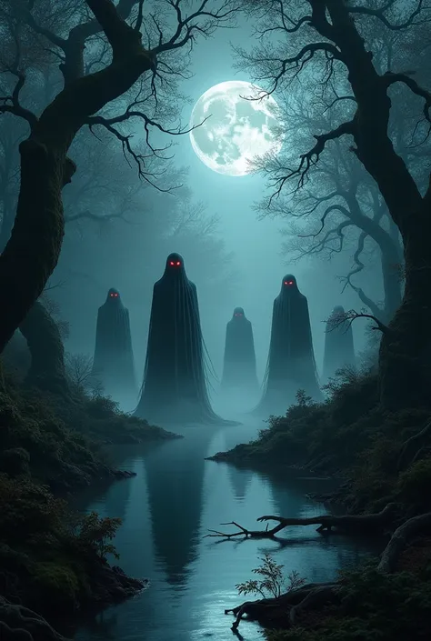 Dark forest with a lake and figures that look like black ghosts with red eyes and others with white eyes 