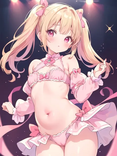   Beautiful Illustration 、 shorthair,  brown hair、(  pink idol costume:1.3),(( out of your belly button))、((  underbust pose))、Bare shoulders、(  Masterpiece 、 best quality、8k ), (   blonde twin tails ),    very pretty face   ,  Full light,   Highly Detaile...