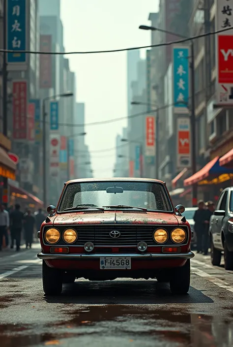 1965 Toyota Corona chaotic city street background, dynamic lighting, full body shot, OC render, ultra detailed, hyper-realistic style, 8K