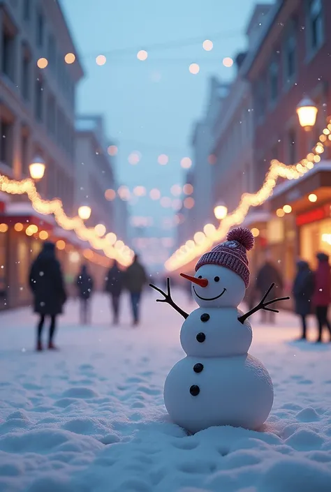 Wide-angle establishing shot: A 3D-rendered snow-covered city street in December, with sparkling snowflakes falling gently. The scene features a festive atmosphere with glowing holiday lights, shimmering reflections, and a cheerful snowman in the foregroun...