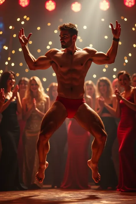 Club for women at Christmas ,  an attractive 25-year-old man , happy,  short brown hair ,  short brown mustache ,  muscular body , hairy chest,  without clothes,  wears a tiny tight and bulging red thong , with a huge and thick penis , pubic hair, low boot...