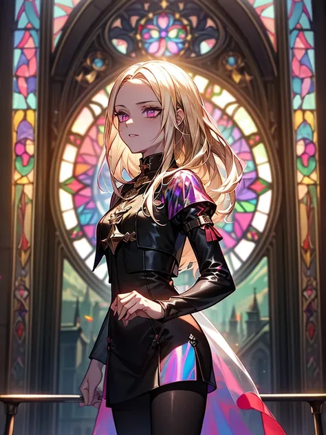 The background is a sunset sunset 、 medieval cityscape with basket、Inside the kaleidoscope、 Stained Glass Background 、Legendary Scenery 、 Mythical Scenery Unfolds、The cathedral shines brightly、red and green contrast 、Path of Light、 Edelgard in black armor,...