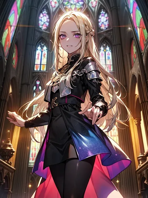 The background is a sunset sunset 、 medieval cityscape with basket、Inside the kaleidoscope、 Stained Glass Background 、Legendary Scenery 、 Mythical Scenery Unfolds、The cathedral shines brightly、red and green contrast 、Path of Light、 Edelgard in black armor,...