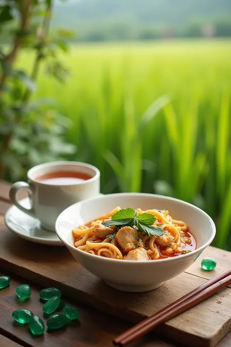  Hot chicken noodles served in white bowls and hot tea,  next to it there are some emerald green gemstones , served on a wooden table ,  on the edge of a paddy field 