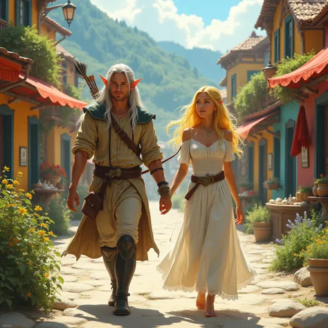 beautiful normal woman yellow hair white dress and handsome elf long silver hair with bow and arrow walking in colorful village