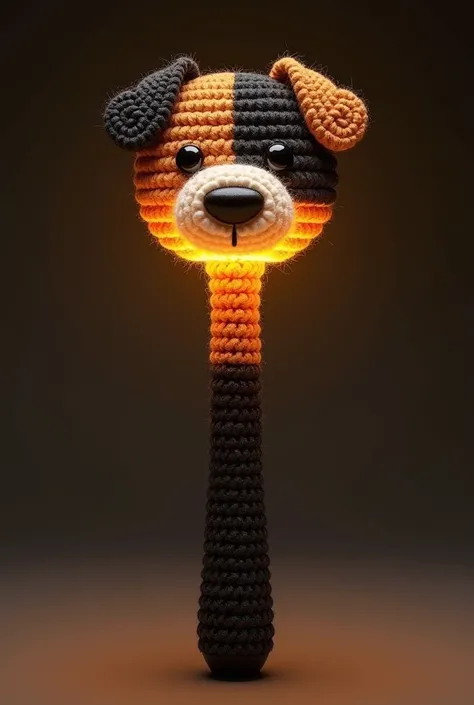 Caratbong version 3 with crochet cover with black and brown yarns  covering only the top of lightstick with shape inspired by puppy 