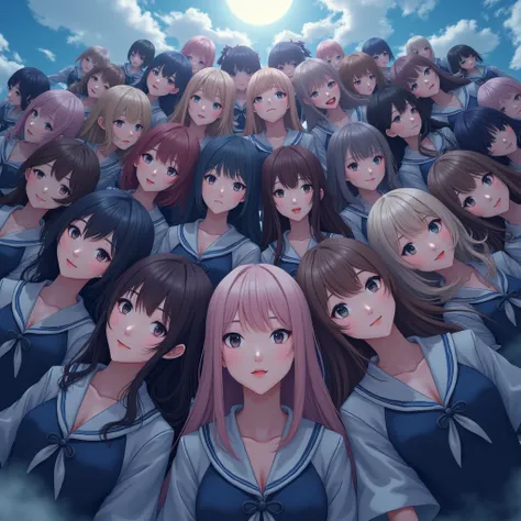 Real Live-Action, (XLabs F.1 Realism LoRA V1), 8K HDR Group photo, many Idol group girls Surrounding the camera in Upward composition, Panoramic, Filled with many Faces, Looking down at the camera, Life-Like rendering, Leggy closeup from below, Super-Detai...