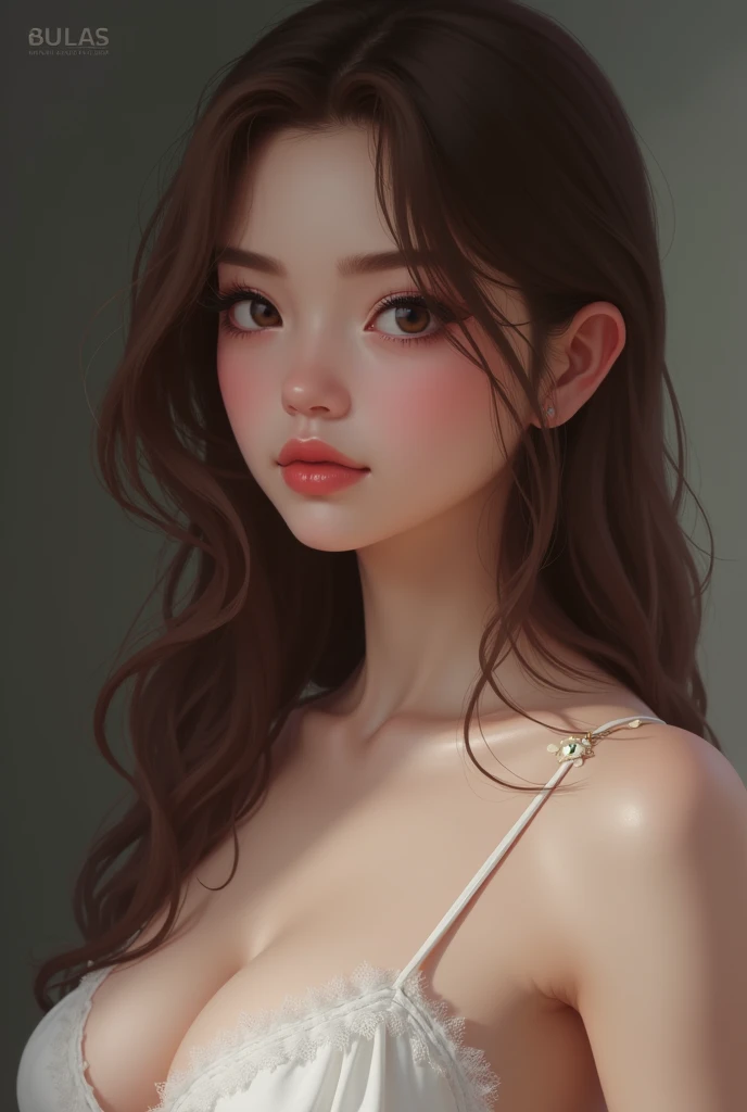 Brown-haired girl, pink skin, , cute face, C cup tits, elongated oval face , The not so tender face