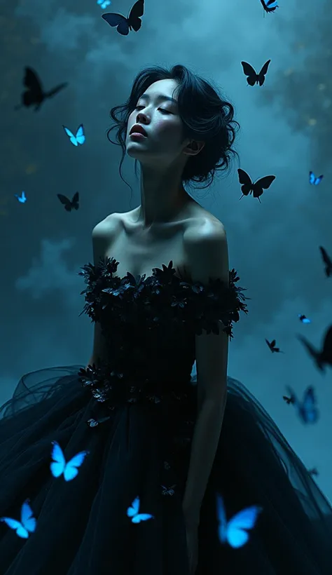 A cinematic, high-contrast portrait of an ethereal Asian supermodel, cloaked in a voluminous black gown adorned with countless black and blue butterflies. The model is surrounded by a surreal, otherworldly atmosphere, with swirling clouds of black butterfl...