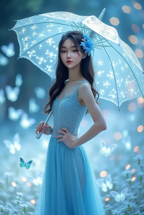 A photo of full body Chinese woman in a sparkling short light blue dress stands gracefully, holding a crystal-like umbrella. Her long, wavy hair flows down her shoulders, adorned with a blue floral hair accessory. She poses elegantly with one hand on her h...