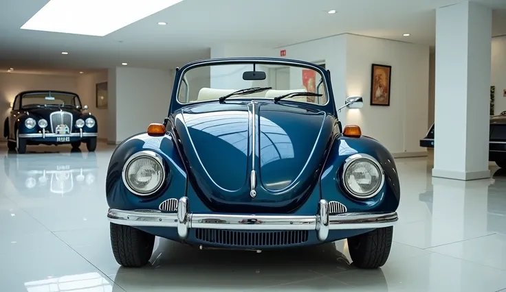 Here is the image of a 1974 Volkswagen Super Beetle in a classic showroom setting. Let me know if youd like any adjustments!The car shining Blue 