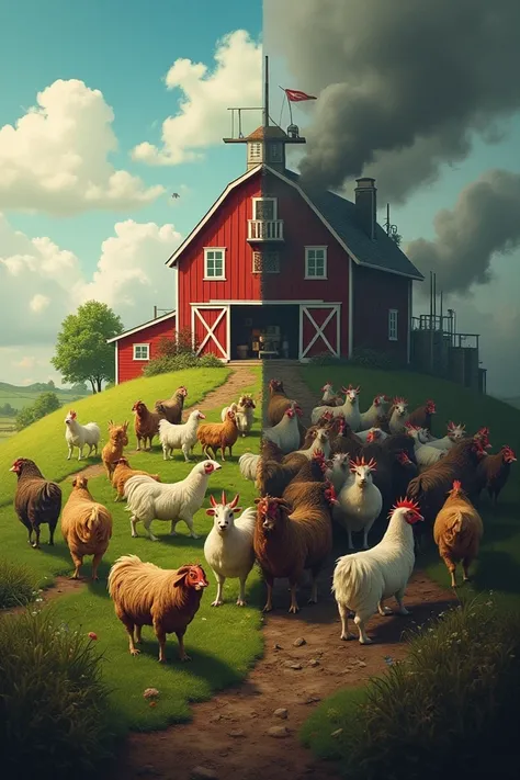 symbolic image showing the farm before and after Napoleons rule (e.g., a vibrant farm turning into a dystopian, controlled environment). This could be represented by an image of the farm transitioning from hopeful animals under Old Major to dark scenes of ...