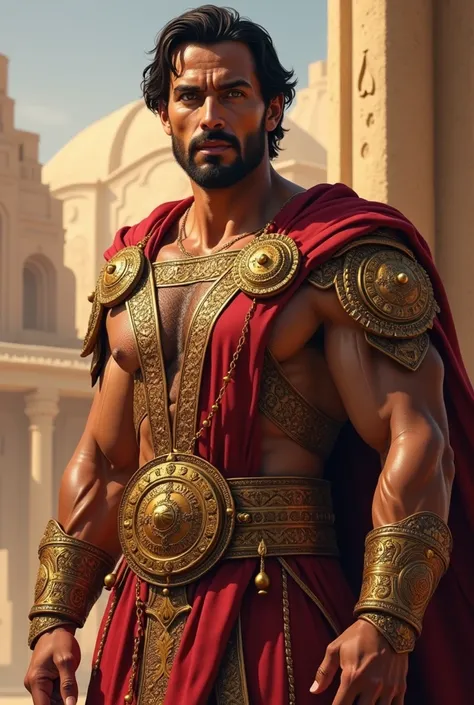 mature man, high, robust, muscular,  cinnamon skin short straight hair,  dark brown color ,  golden eyes ,  elegant dress like Middle Eastern royalty. Warrior Prince look 