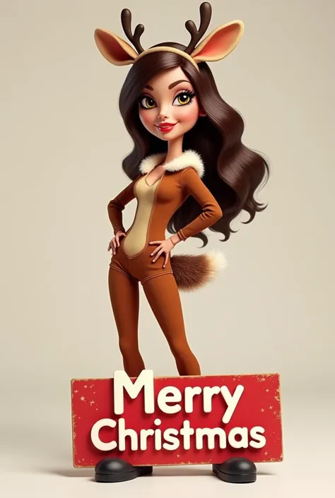 Generate a Caricature-like image of an adult brown-haired Barbie with honey-colored eyes wearing a brown suede full suit from reindeer ,with a reindeer tail and a headband of reindeer horns on her head and black booties ,Barbie adult woman,Barbie slim body...