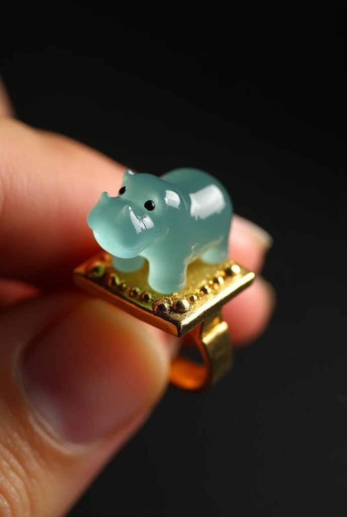 "Create an image of a unique ring featuring a small, intricately carved aquamarine gemstone in the shape of a hippopotamus. The gemstone is mounted on a rectangular golden base adorned with tiny decorative studs. The ring is held delicately between two fin...