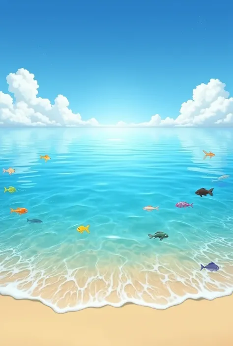  Very nice landscape of the sea ,  looks very realistic , The water ,  clear sky , with sand,  with some aquatic animals 