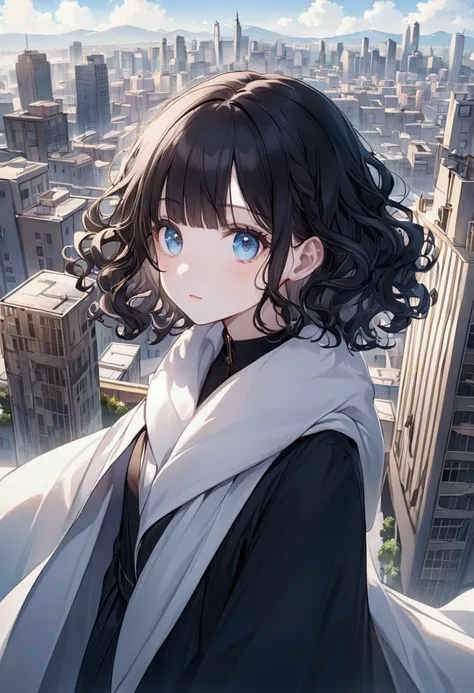 a cute girl, she has short curly black hair with bangs, light blue eyes, white skin, on a background with city.