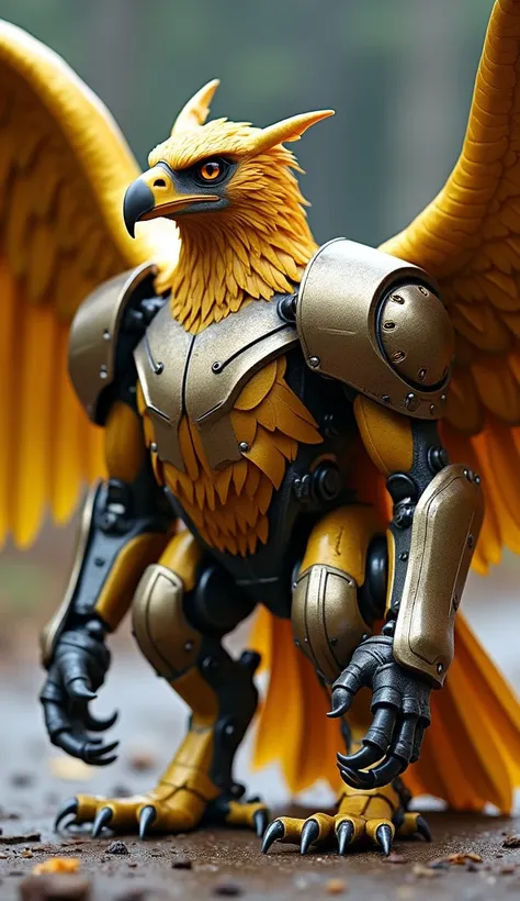 A golden eagle transforms into a powerful hybrid creature with metallic armor covering its body. Its wings are now sleek, mechanical, and made of shining metal, with sharp, aerodynamic edges. The eagles talons have turned into sharp, metallic claws, giving...