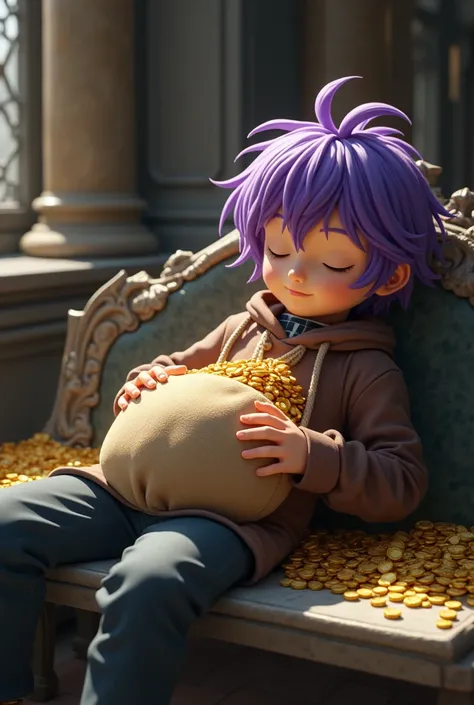 A Japanese boy with purple hair ,  on the gringott bench lying on his back with a sack of gold coins in his stomach