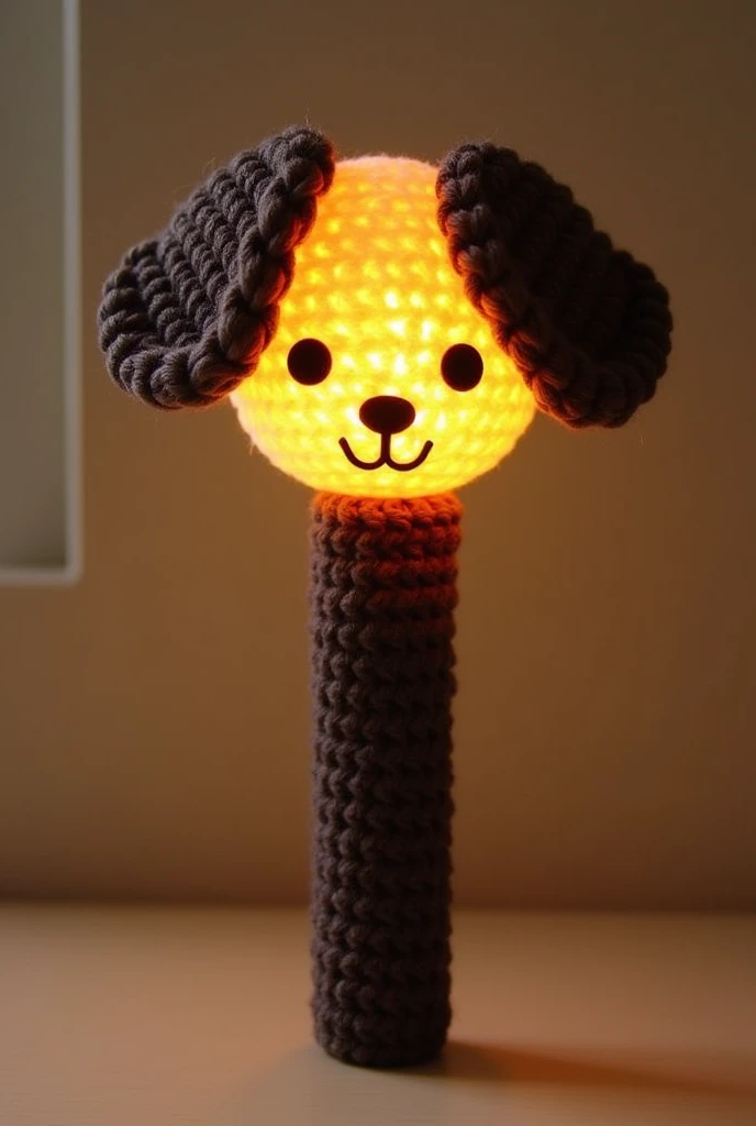 Caratbong version 3 with crochet cover with black and brown yarns  covering only the top of lightstick with shape inspired by puppy Ears but not look like puppies 