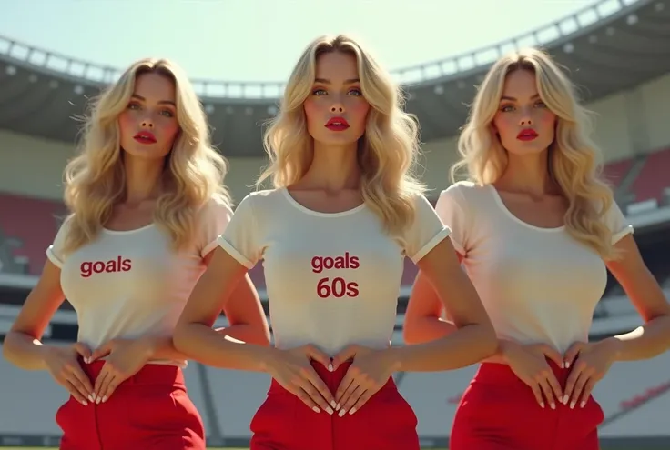 It is in a stadium . cotton clothes with the colors red  (NO SEXY). hyper realistic, 3 18 year old blonde super models, thin eyes nose mouth,  lips painted red .  big round breasts ,  wide hips,  small waist marked ,fine hands.  full body side photo places...