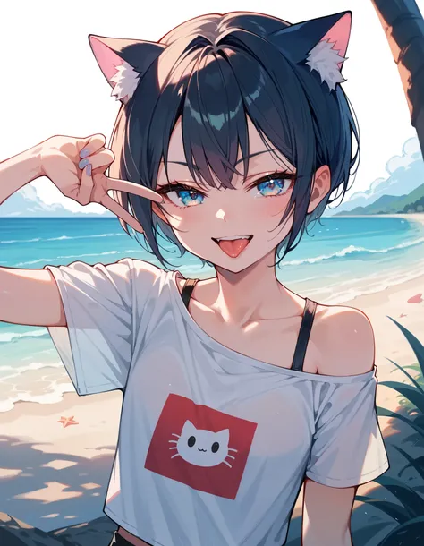 (Masterpiece), (best quality), (high quality), Anime, beach, perfection, detailed, 1girl, (loli:0.9), cat girl, cunning smirk, half closed eyes, cunning eyes, v-shaped sign, beautiful girl, lewd, open mouth, tongue out, best quality shadows, highest resolu...