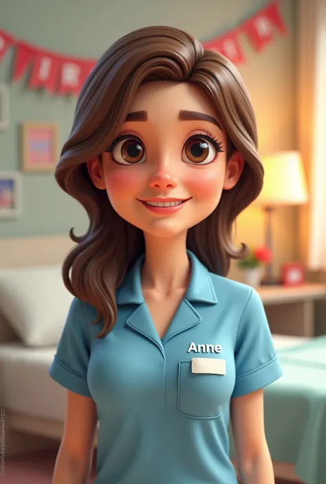  nurse,  realistic 3d cartoons ,  brown hair , half body photo,  dondo in a nursing home , In the clothes the name Anne ,  in the background Happy birthday from your uncle Yunier