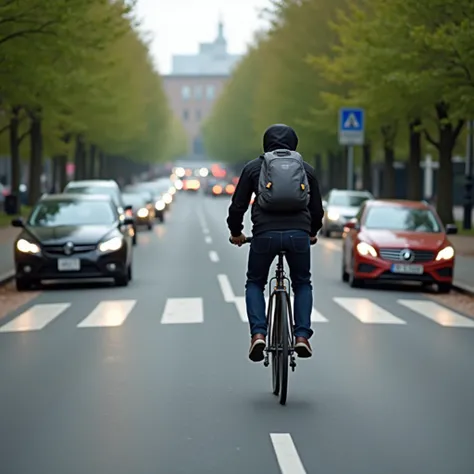  generates a dynamic image of a person dodging vehicle traffic on a bicycle, In the background, put that passing through a park , That there are several vehicles and the person on the bike starts to avoid it