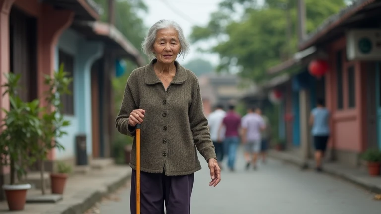 An old Vietnamese woman about 80 years old, leaning on a cane, was walking down a small street. The old woman was dressed simply, her face gentle and kind. The pedestrians on the street around her looked at her with disdain. The scene was a small neighborh...